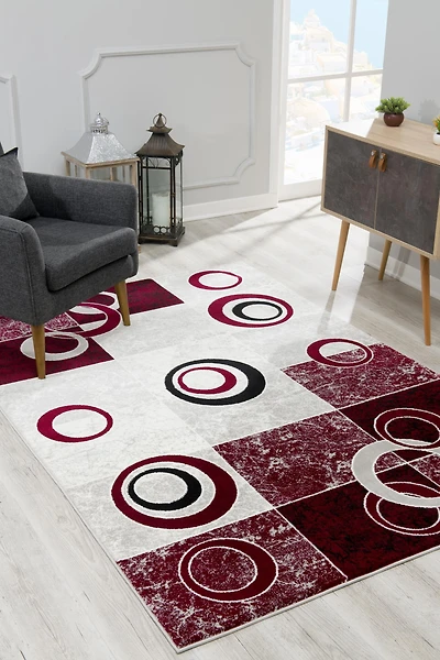 tapis de couloir géométrique d'intérieur, rouge et gris, moderne, montage branches 2' x 18' (taille exacte : 2'3" 18') - Entrée, couloir, salle bain cuisine