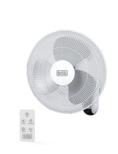 BLACK+DECKER 16" Wall Fan with Remote Control, Oscillating Fan with 3 Speed Settings and Shut Off Fan Timer