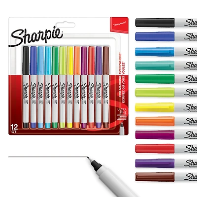 Marqueurs permanents Sharpie, pointe ultrafine, couleurs assorties, 12 unités
