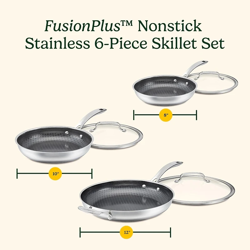 Cuisinart FusionPlus™ 6‑Piece Stainless Steel Non‑Stick Fry Pan Set, 8", 10", 12" Skillets with Lids, PFAS‑Free, Induction Ready Cookware (FPS‑6SSCRC)