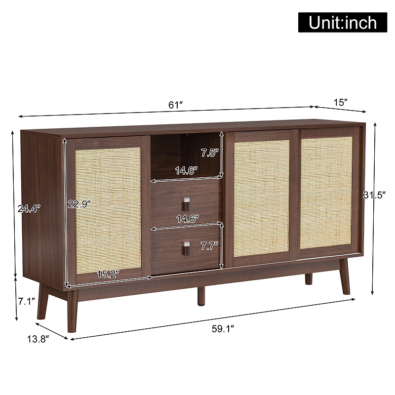 Noble House 61" Sideboard with Real Rattan Sliding Doors & 2 Drawers, Breathable Sturdy Storage Cabinet,Walnut Wood