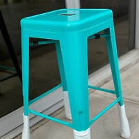 Heavenly Collection Industrial Turquoise Metal Counter Stools Set of 3 - Tolix-Style Backless Barstools with Wooden Seat Option - Ideal for Kitchen Islands & Patios