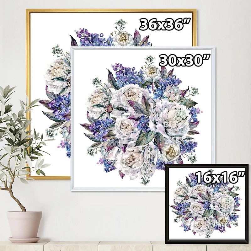 Designart Bouquet Peonies In White and Blue FLOAT FRAME WALL ART
