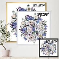 Designart Bouquet Peonies In White and Blue FLOAT FRAME WALL ART