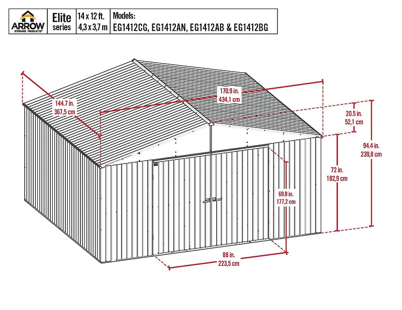 Arrow Elite Steel Storage Shed, 14x12, Cool Grey