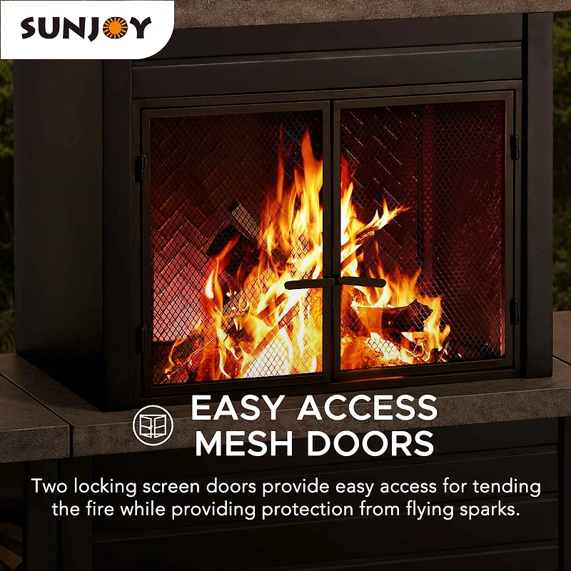 Sunjoy Wood Burning Fireplace, Matte Black Outdoor Steel Fireplace with Chimney, Log Holders, Fireplace Tool, and PVC Cover