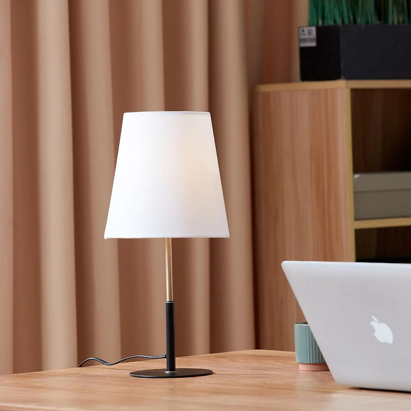 16" Matte Black Table Lamp with Brass Accents and White Linen Shade<br>