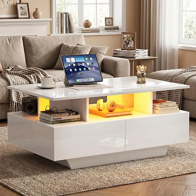 Homy Casa, table basse blanche avec DEL, 2 tiroirs, rangement ouvert et contrôle Bluetooth par appli pour salon