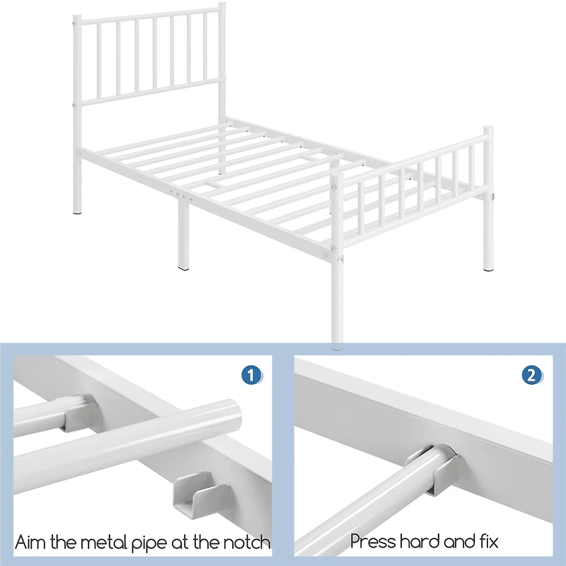 Fullfurnique Minimalist Metal Bed Frame with Vertical Bar Headboard and Footboard, Queen, White