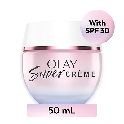 Super crème Olay avec écran solaire FPS 30, 50 mL (1,7 oz), hydratant ultraléger pour le visage qui hydrate, lisse, illumine, raffermit et protège avec FPS.