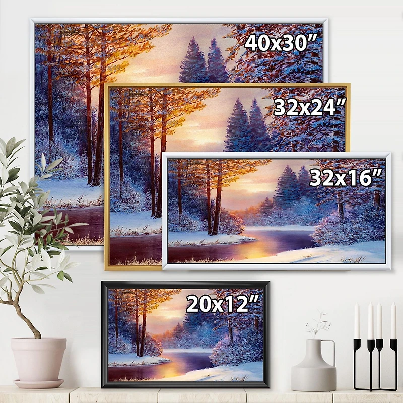 Designart Rivière sinueuse avec des silhouettes d'arbres bleu foncé ART MURAL À CADRE FLOTTÉ