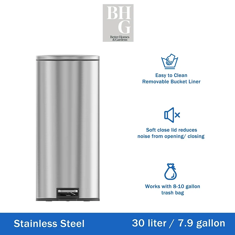 Poubelle de cuisine Better Homes & Gardens, 30 litres, en acier inoxydable, ronde, à pédale, avec couvercle à fermeture douce, argentée