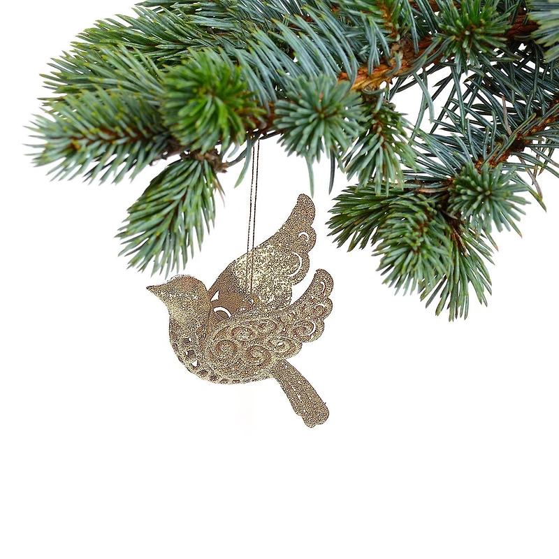 Christmas Gold Glitter Ornament Bird - Set of 12