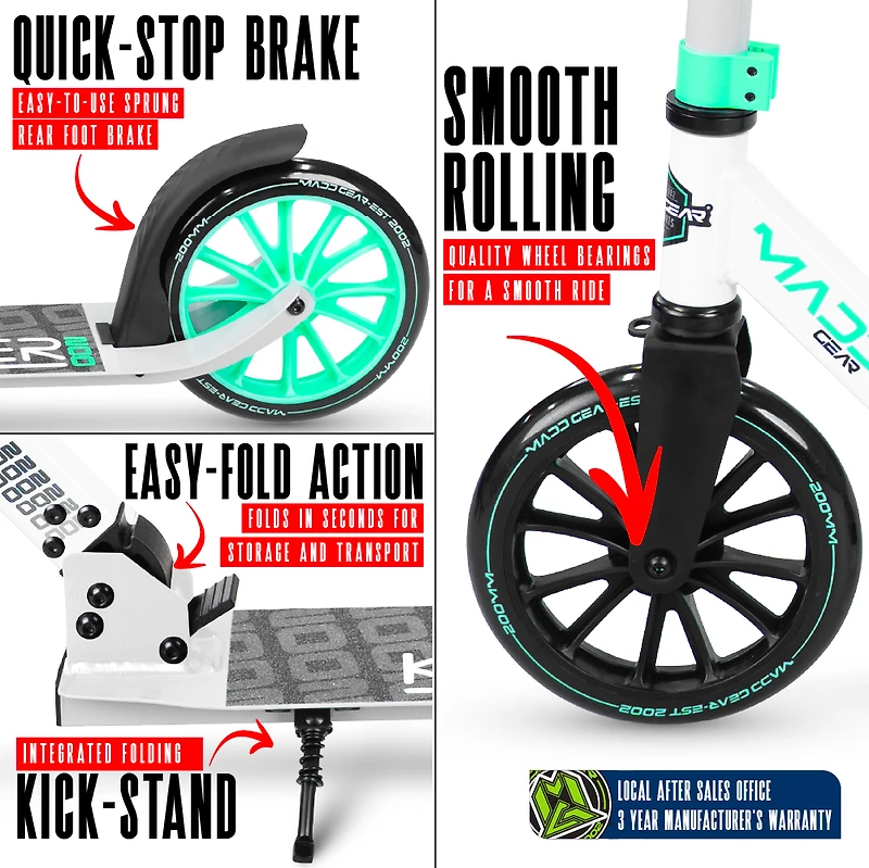 Madd Gear Folding Commuter Scooter for Adults & Teens – Kruzer 200 –  White/Teal