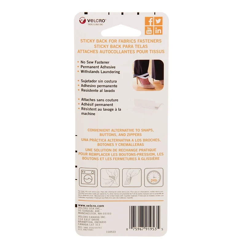 Attaches autocollantes VELCRO® Brand en blanc pour tissu