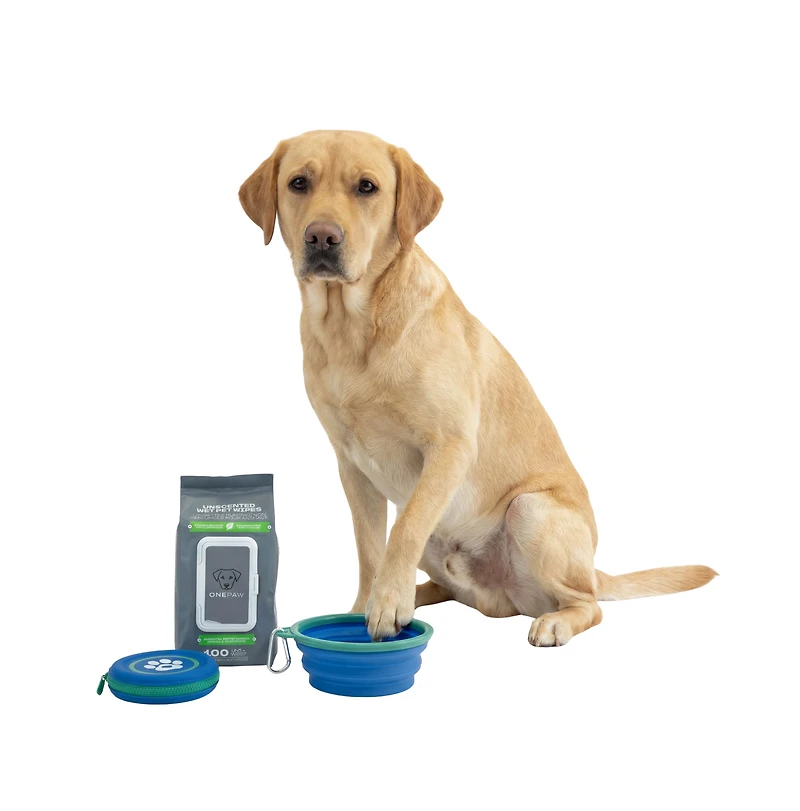 One Paw, Essential 3-Piece Dog Walking Set with Wipes, Collapsible Rubber Bowl and Treat Holder for Dogs