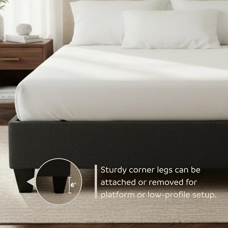 PRIMO Carter Upholstered Platform Bed Frame – Twin Size, Dark Grey Linen Look Fabric, No Box Spring Required, Durable Wood Slats – Bedroom Foundation