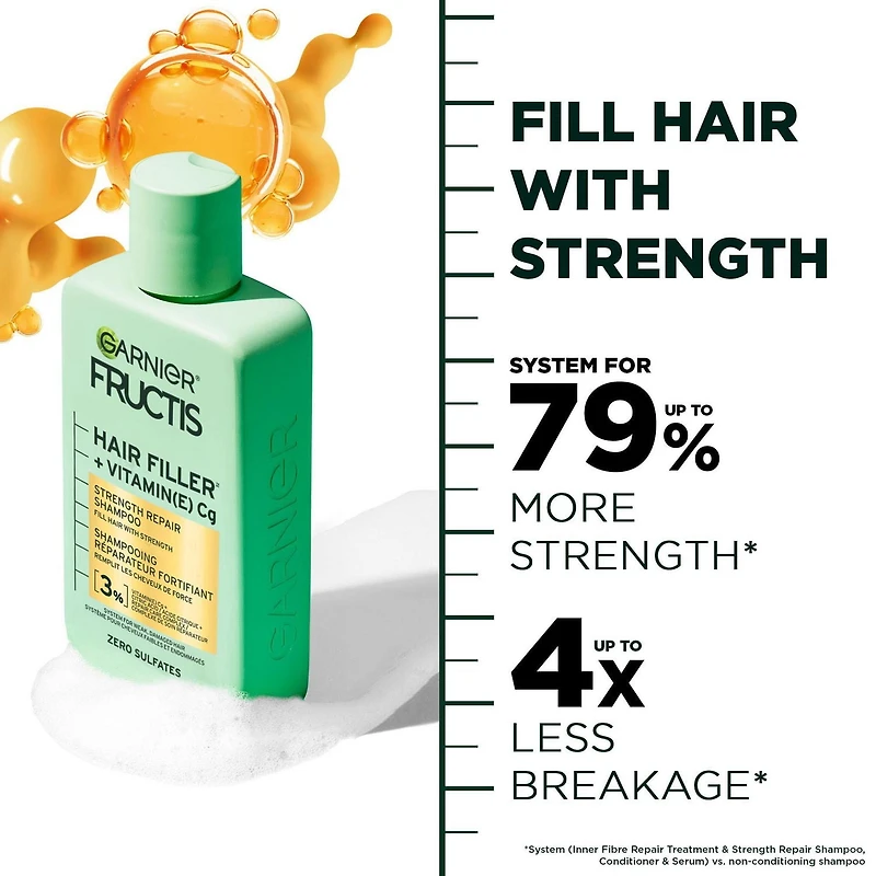 Garnier Fructis Hair Filler + Vitamin C Strength Repair Sulfate-Free Shampoo, for Weak Damaged Hair, up to Breakage & 79% More Strength