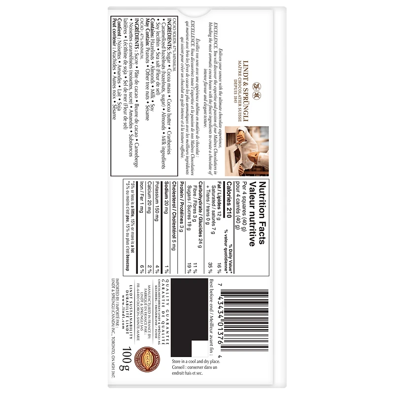 Lindt EXCELLENCE Cranberry & Nuts Dark Chocolate Bar, 100g