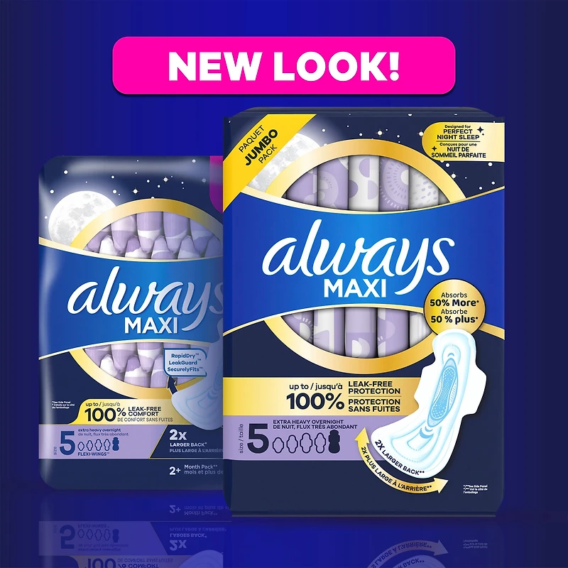 Always Maxi Overnight Pads with Wings for Women, Size 5, Extra Heavy Overnight Absorbency, Unscented
