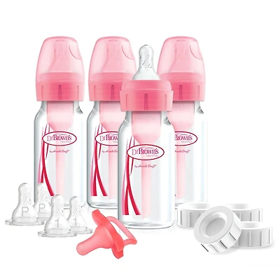 Dr. Brown's Natural Flow Anti-Colic Options+ Narrow Breast to Bottle Pump and Store Feeding Set with Slow Flow Nipples, Baby Bottle Travel Caps and 100% Silicone HappyPaci One-Piece Pacifier, Pink