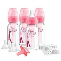 Dr. Brown's Natural Flow Anti-Colic Options+ Narrow Breast to Bottle Pump and Store Feeding Set with Slow Flow Nipples, Baby Bottle Travel Caps and 100% Silicone HappyPaci One-Piece Pacifier, Pink