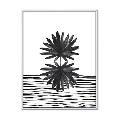 Designart Black and White Tropical Leaf On Striped II FLOAT FRAME WALL ART