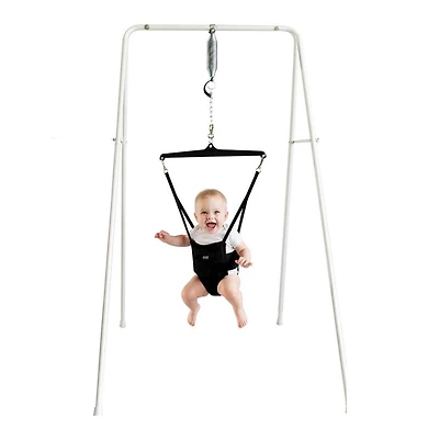 Jolly Jumper Classic with Portable Stand – Black Saddle | Indoor & Outdoor Baby Exerciser | Foldable Frame, Spring Action, Posture Support
