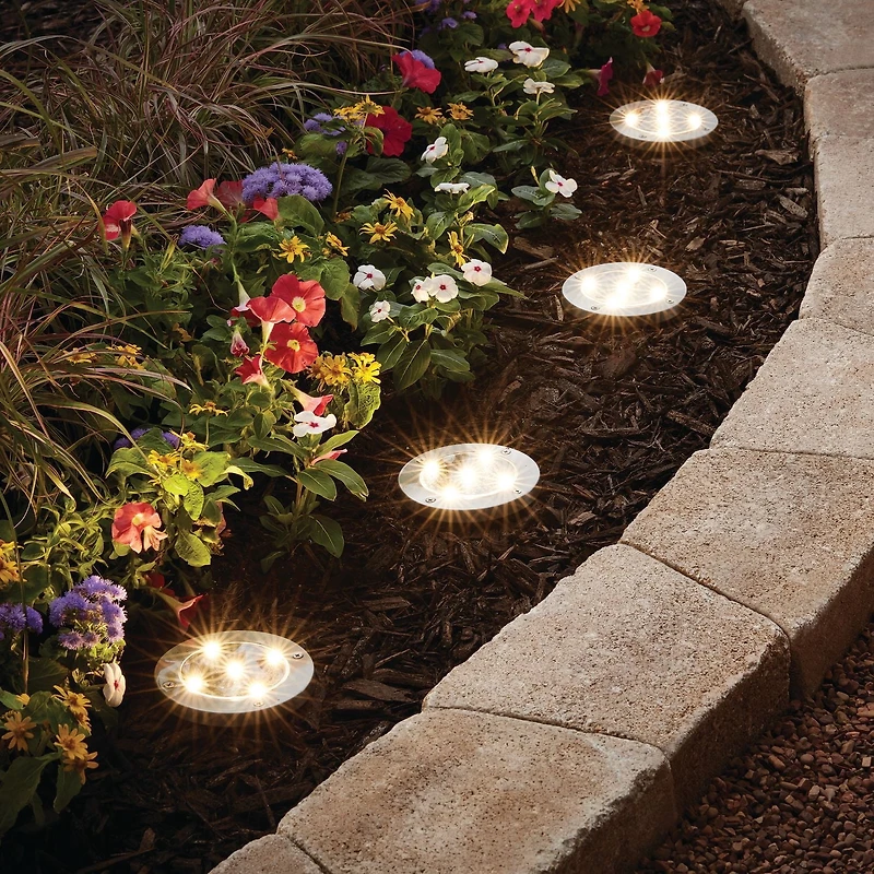 Mainstays Solar Powered Stainless Steel LED Landscape Disc Lights, 12 Lumens (4 pack)