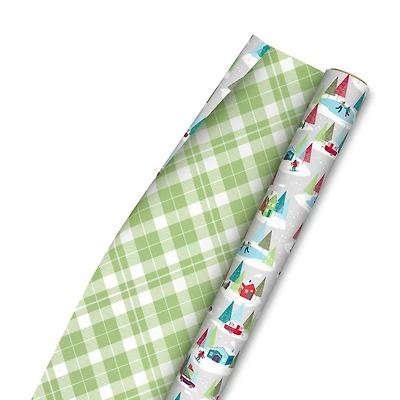 Hallmark Reversible Christmas Wrapping Paper (Winter Village and Green Plaid)