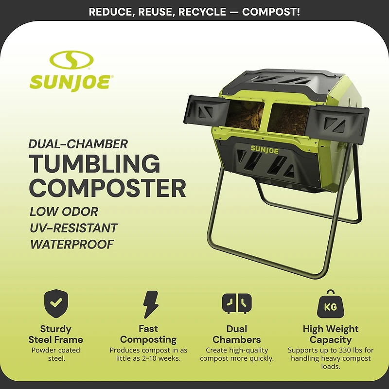 Sun Joe SJ-CMPS1 Composteur Rotatif Extérieur Toutes Saisons | Chambre Double à Glissière | 42 Gallons | 2-10 Semaines | Matériau Sans BPA
