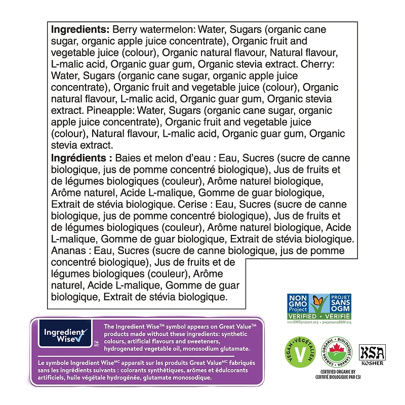 Great Value Organic Fruit Flavoured Ice Pops - Berry Watermelon, Cherry, Pineapple