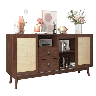 Noble House Buffet 61 Pouces avec Portes Coulissantes en Rotin Véritable et 2 Tiroirs, Armoire de Rangement Respirante et Robuste, Bois de Noyer