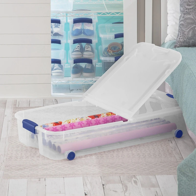 Sterilite 62 Liter Wheeled Latch Box, Small Clear Plastic Storage Bin with Lid, Blue Latch