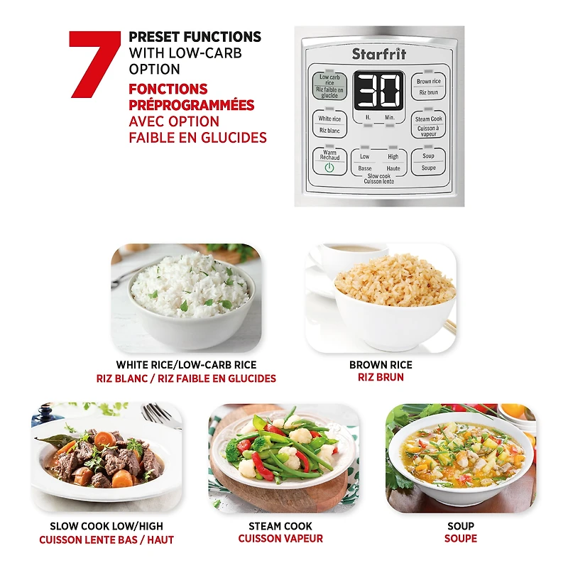 Starfrit Low-Carb Rice Cooker 14-Cup, Reduces Carbs Up To 30%, 7 Preset Functions, Steamer Basket, Non-Stick Pot, Easy Clean, Healthy Cooking, Rice Brown White Soup Steam Slow Cook