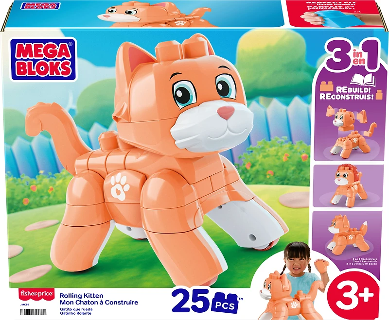 MEGA BLOKS Fisher-Price Rolling Kitten Block Toy with Rolling Wheels (25 Pieces) for Kids