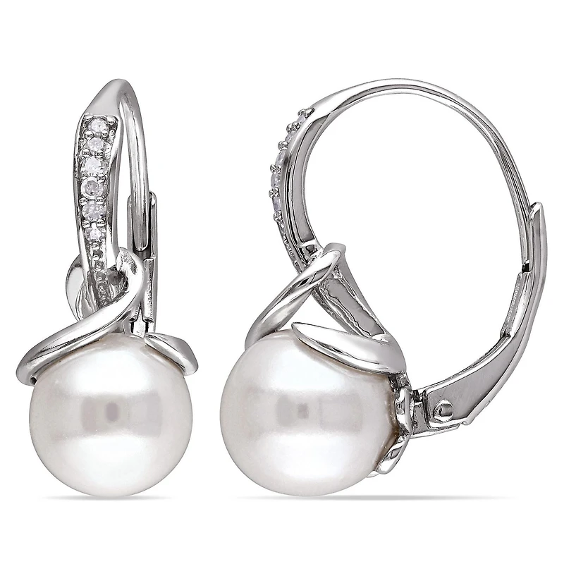 Boucles d'oreille Miabella avec perles d'eau douce blanches cultivées 8-8,5 mm et accents de diamants, en argent sterling