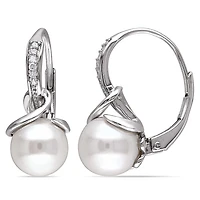 Boucles d'oreille Miabella avec perles d'eau douce blanches cultivées 8-8,5 mm et accents de diamants, en argent sterling
