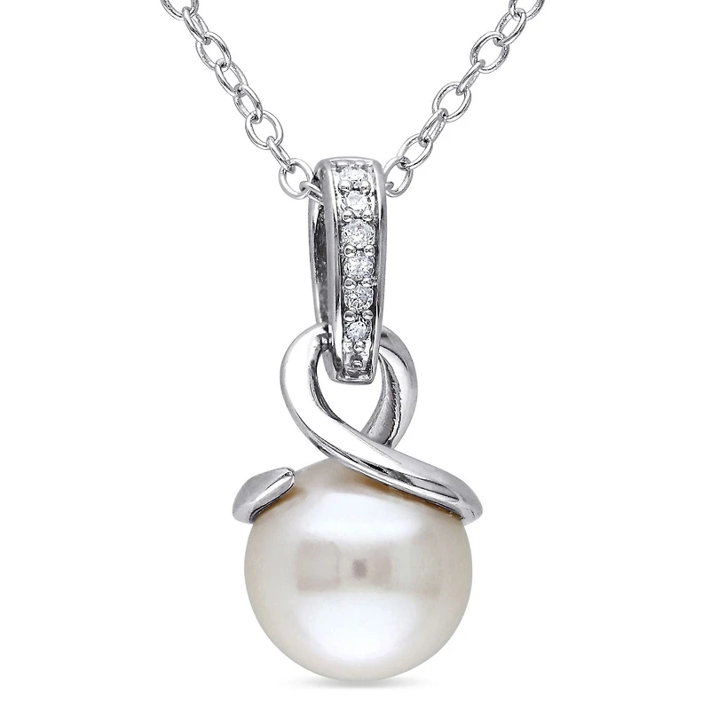 Miabella 8-8.5mm Round White Freshwater Cultured Pearl and Diamond-Accent Sterling Silver Pendant; 18"