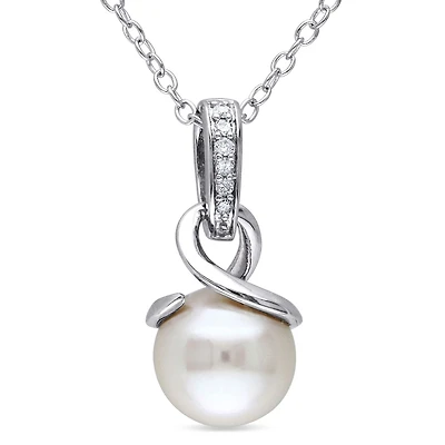 Miabella 8-8.5mm Round White Freshwater Cultured Pearl and Diamond-Accent Sterling Silver Pendant; 18"