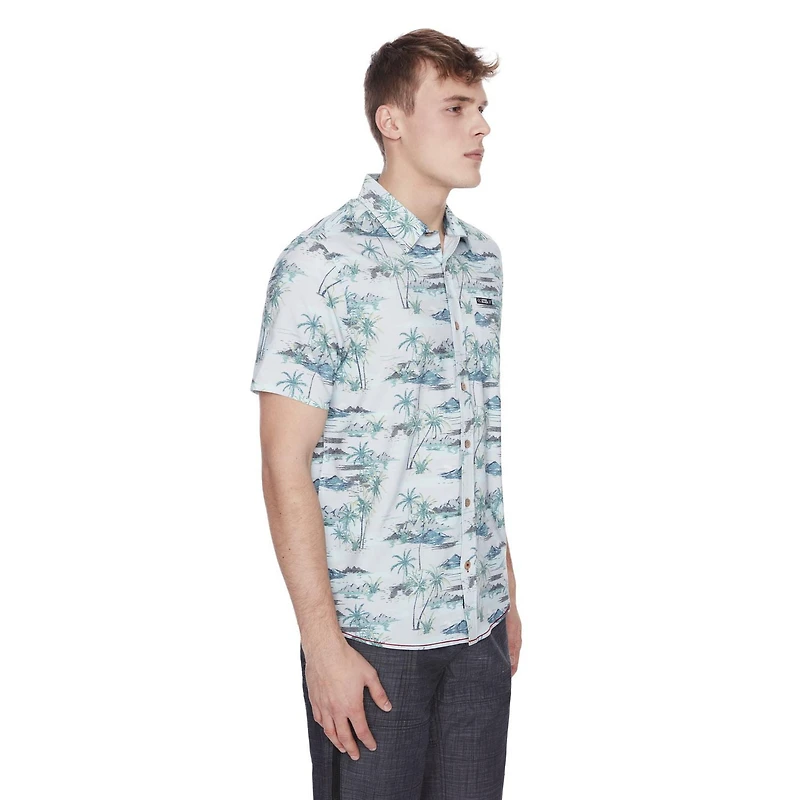 Dark Black Men's Short-Sleeve Patterned Button-Down Shirt