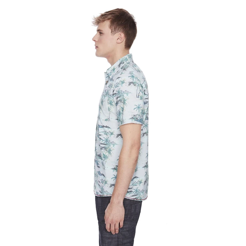 Dark Black Men's Short-Sleeve Patterned Button-Down Shirt