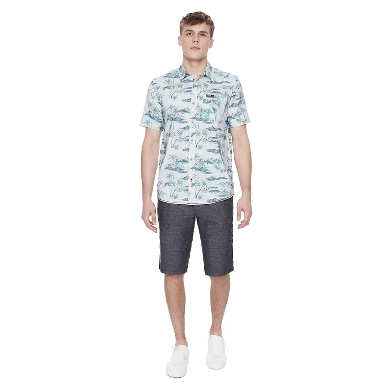Dark Black Men's Short-Sleeve Patterned Button-Down Shirt