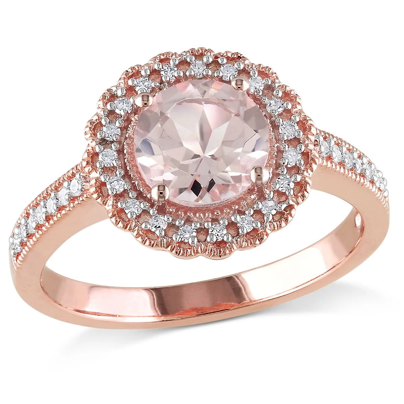 Bague cocktail auréole Tangelo avec morganite 1,17 CT PBT et diamants 0,13 CT poids total en argent sterling plaqué de rhodium rosé