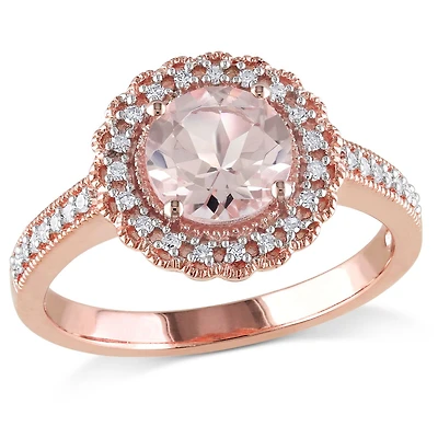 Tangelo 1.17 Carat T.G.W. Morganite And 0.13 Carat T.W. Diamond Rose Rhodium-Plated Sterling Silver HALO Cocktail Ring