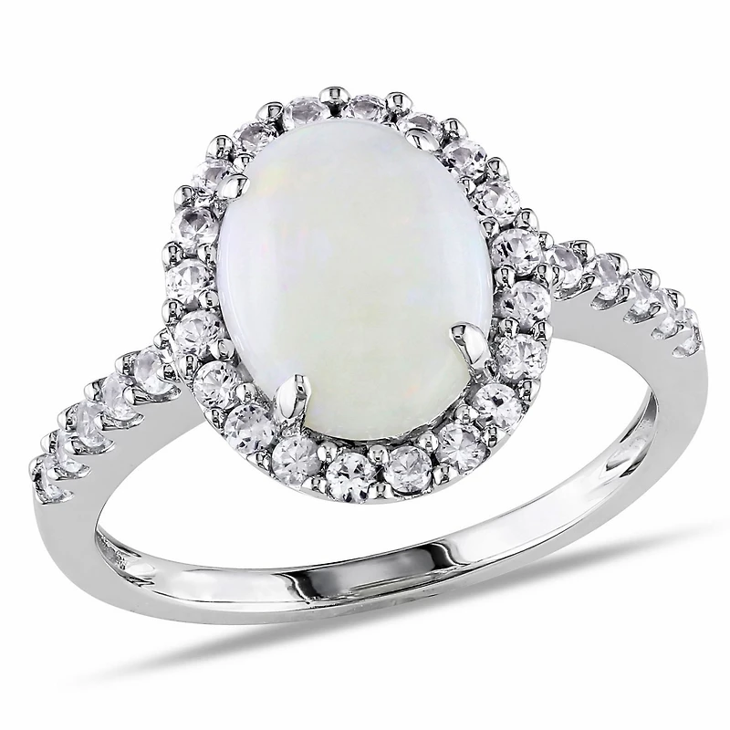 Asteria 2.25 Carat T.G.W. Opal and Created White Sapphire 10 K White Gold Halo Ring