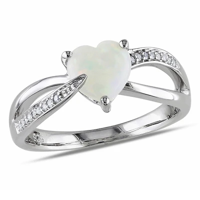 Asteria 0.88 Carat T.G.W. Opal and Diamond-Accent Sterling Silver Heart Ring