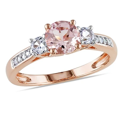 Tangelo 1.14 Carat T.G.W. Morganite with Created White Sapphire and Diamond-Accent 10K Rose Gold Three-Stone Ring