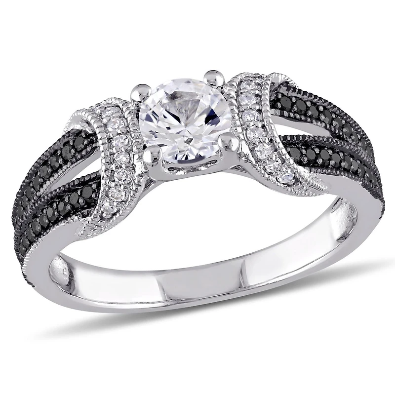 Bague de fiançailles Asteria avec saphirs blancs synthétiques de 0,63 ct PBT et diamants noirs de 0,25 ct poids total en argent sterling