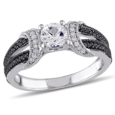 Bague de fiançailles Asteria avec saphirs blancs synthétiques de 0,63 ct PBT et diamants noirs de 0,25 ct poids total en argent sterling